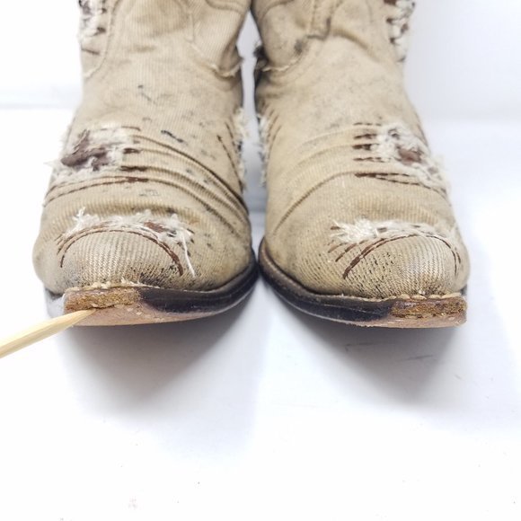 Wild West Boots tan canvas distressed/patched‎ pointed/upturned toes 7EE main image 14